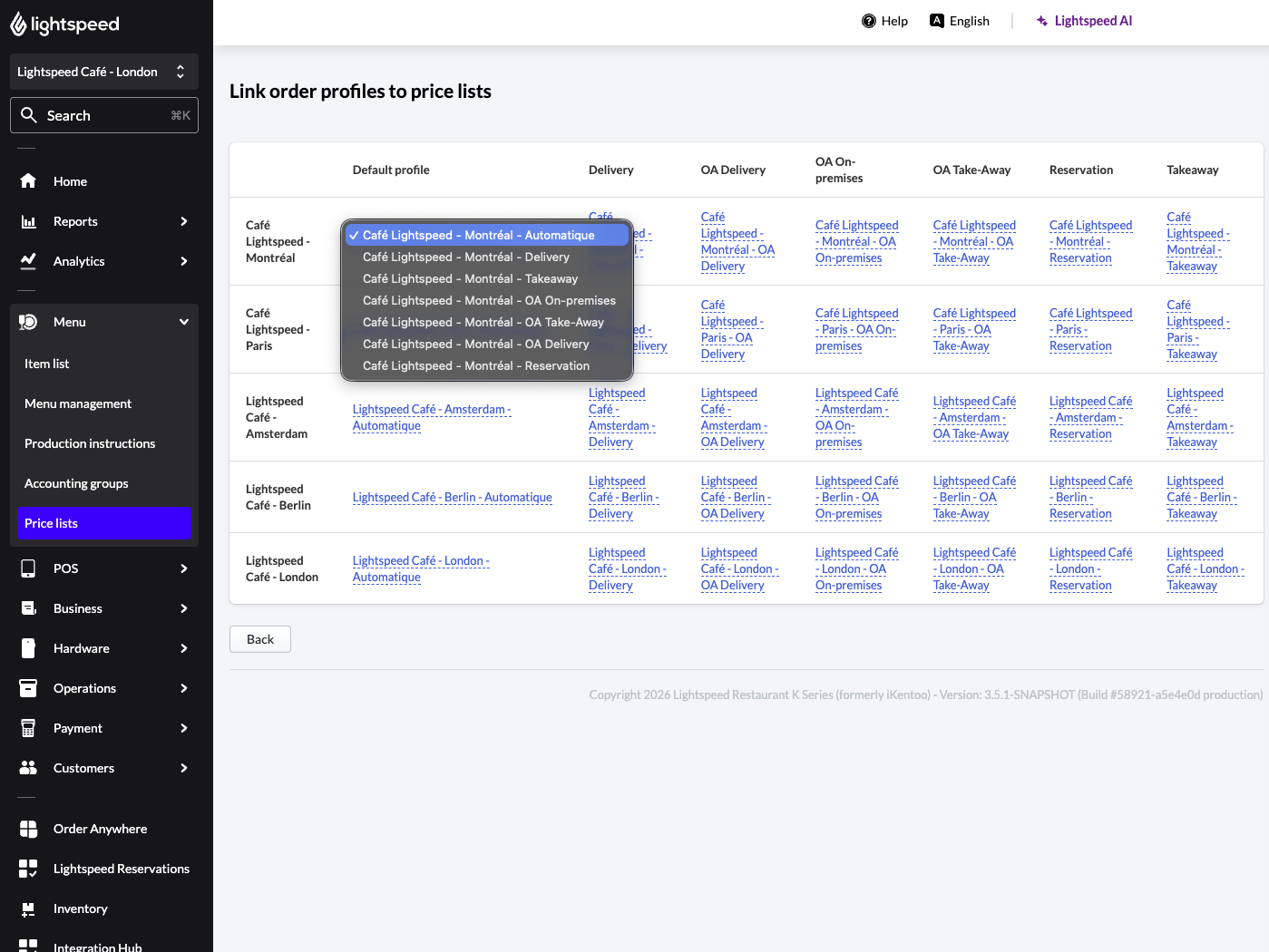 Screenshot showing the drop-down menu for choosing a price list