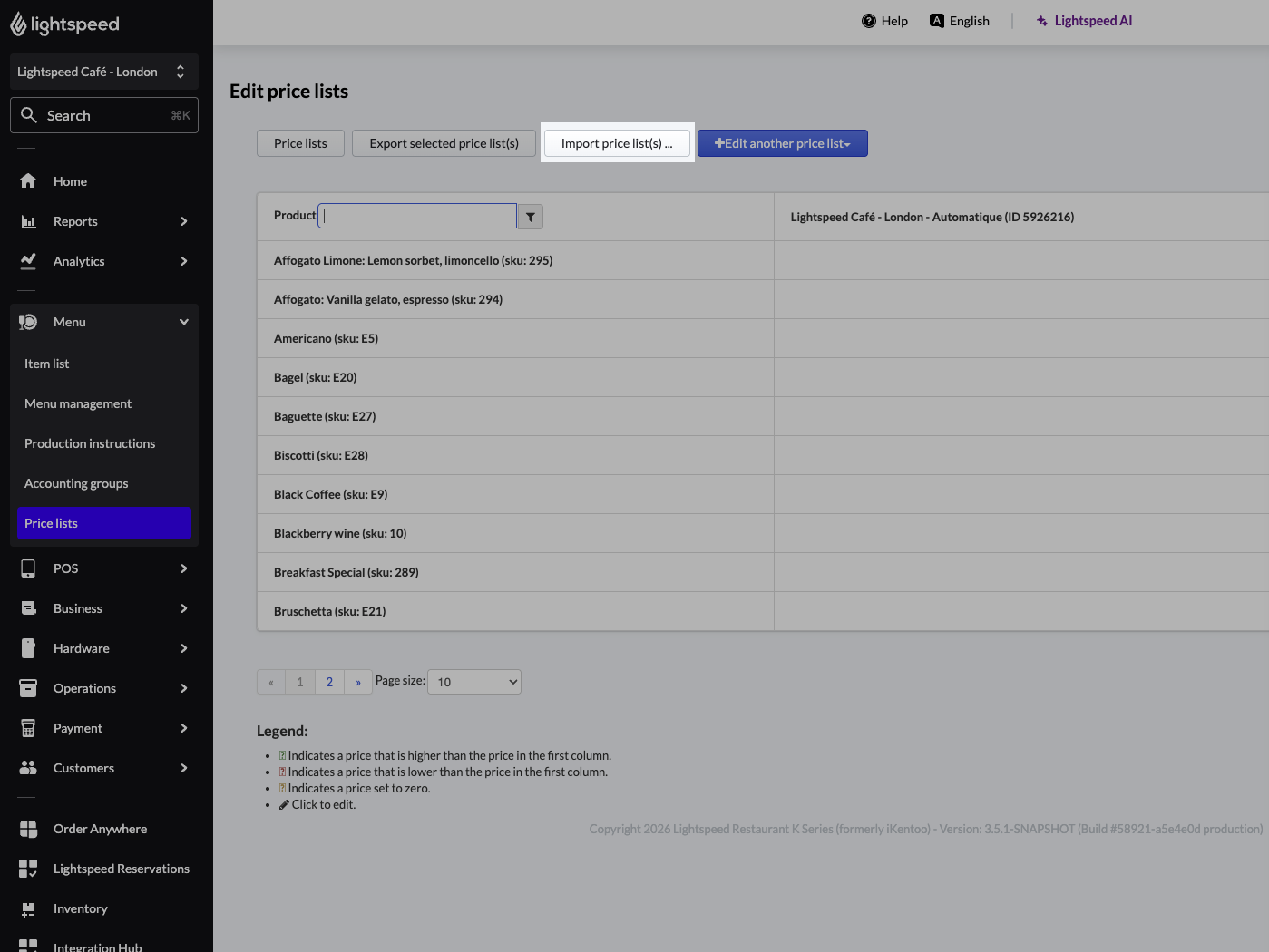 Edit price list page with the "Import price list(s)" button highlighted.