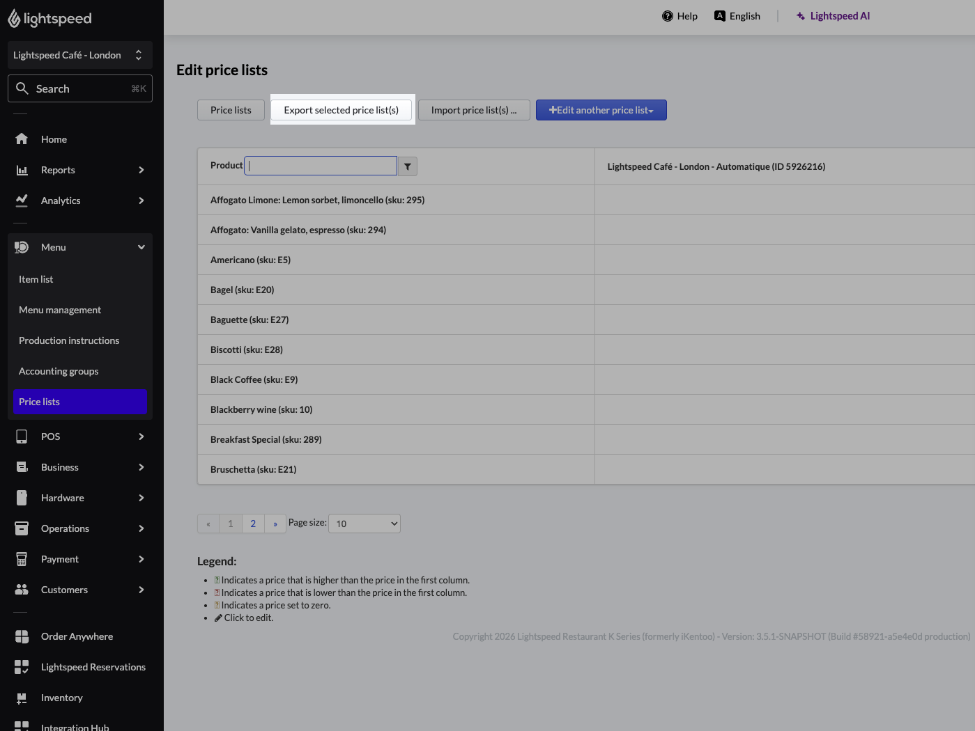 Edit price list page with the "Export selected price list(s)" button highlighted.