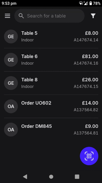 The payment terminal's orders screen for Pay at Table.