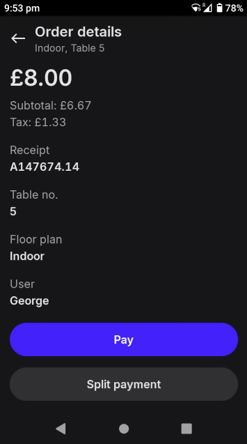 The payment terminal's Order details screen for Pay at Table.