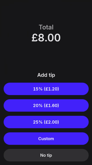 The payment terminal's tip menu screen for Pay at Table.