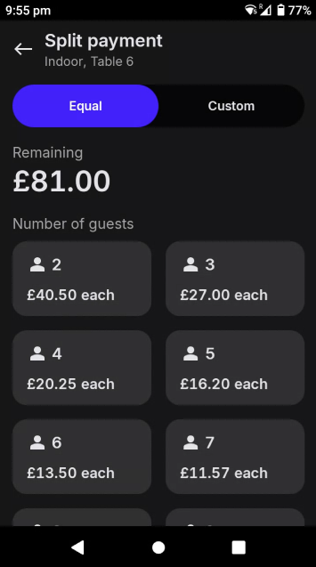 The payment terminal's split payment screen for Pay at Table. The option for equal splits has been selected.