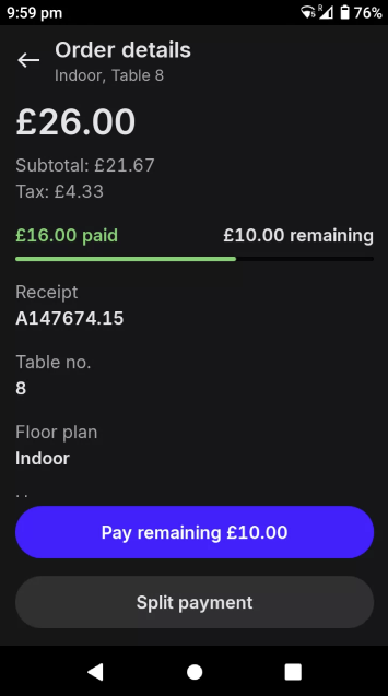 The payment terminal's payment confirmation page for split payments with Pay at Table. The option to Pay Remaining is visible.